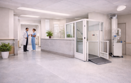 Commercial platform lift installation in hospital facility for safe patient accessibility.