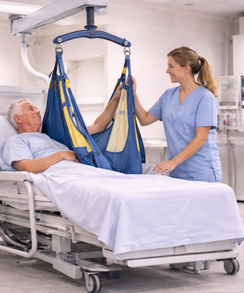 Caregiver using ceiling-mounted patient lift to safely transfer patient in bed.
