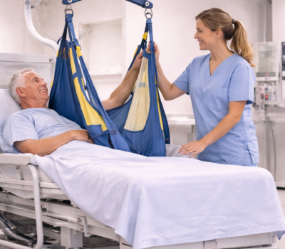Caregiver using ceiling-mounted patient lift to safely transfer patient in bed.