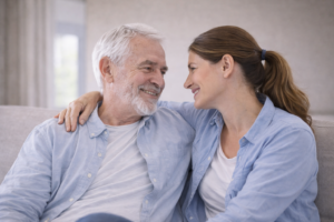 Caregiver supporting elderly man at home to promote independence and comfort.