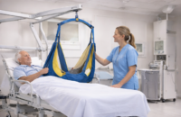 Caregiver using ceiling-mounted patient lift to safely transfer patient in bed.