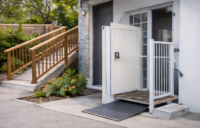 Wheelchair ramp and platform lift installed at home for safe accessibility.