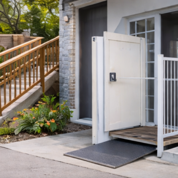 Wheelchair ramp and platform lift installed at home for safe accessibility.